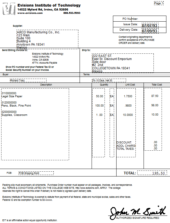 A finished form with a signature at the bottom. The total on the form determines if the signature is to be printed.